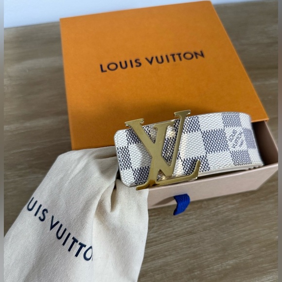 SOLD somewhere else* Louis Vuitton White Damier Azur LV Belt with Gold Buckle - Picture 3 of 5